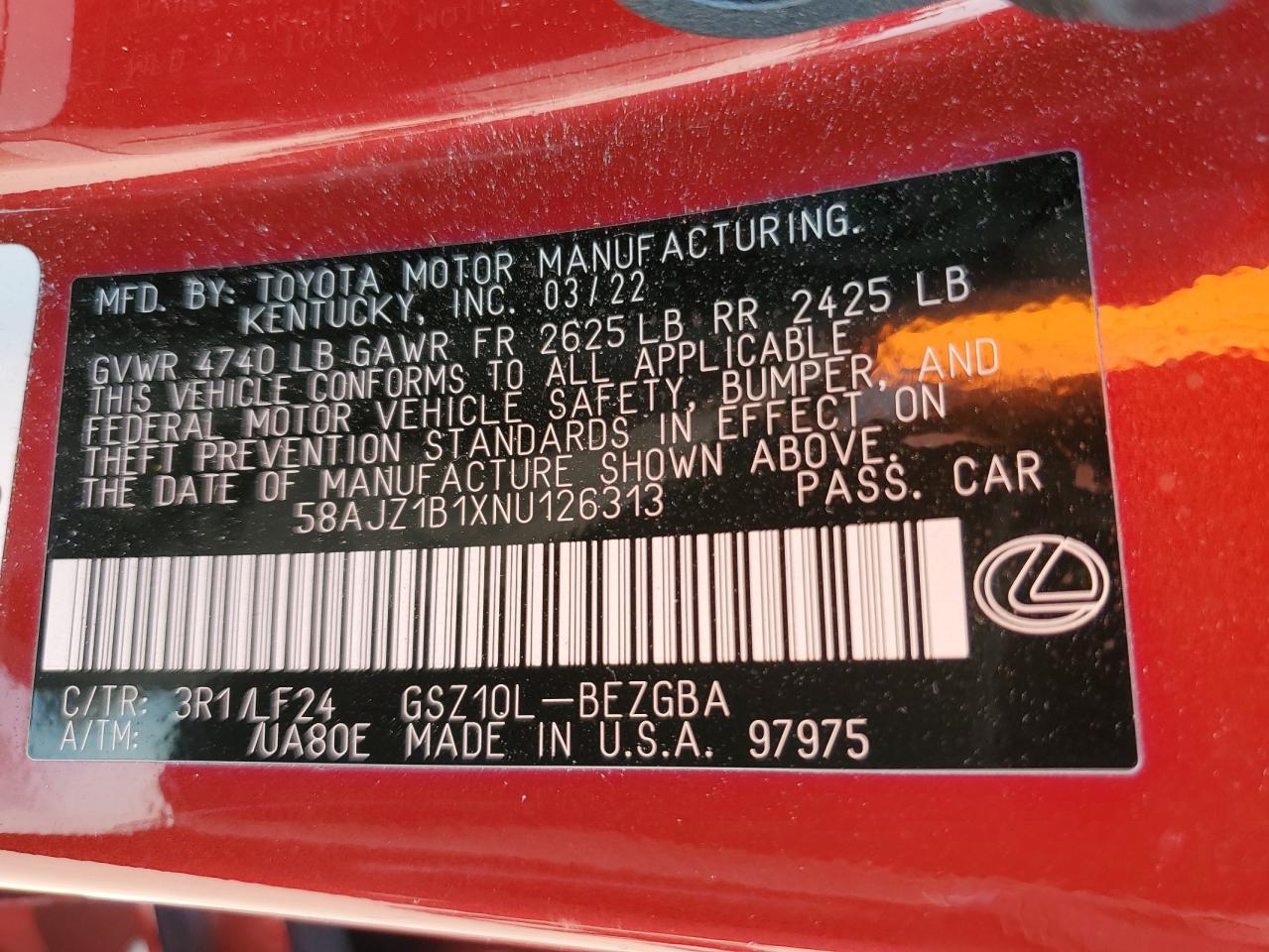 2022 LEXUS ES 350 F SPORT VIN:58AJZ1B1XNU126313
