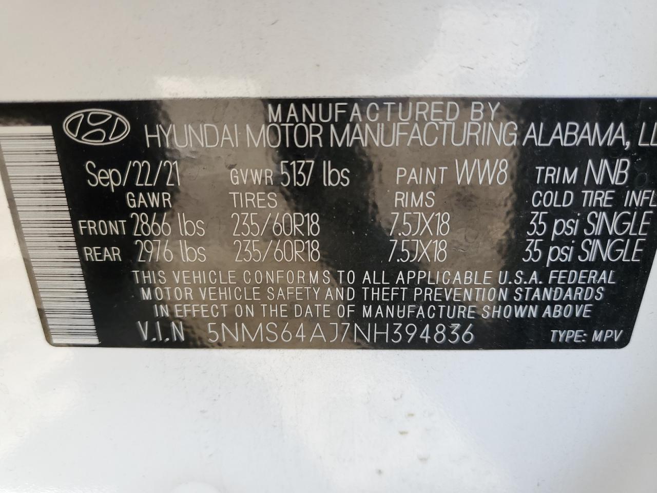 2022 HYUNDAI SANTA FE SEL VIN:5NMS64AJ7NH394836