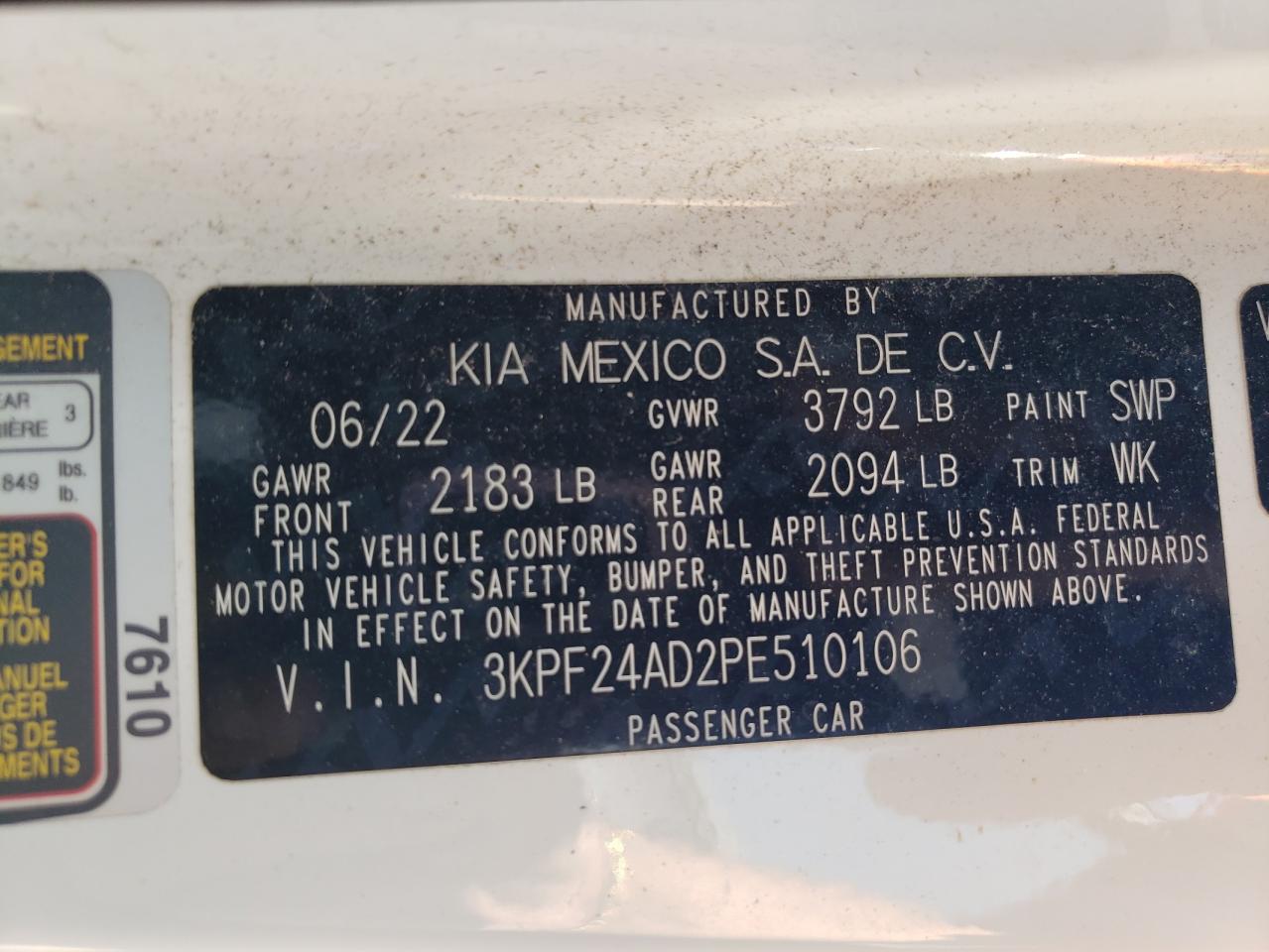 2023 KIA FORTE LX VIN:3KPF24AD2PE510106
