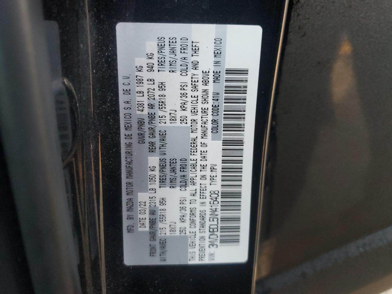 2022 MAZDA CX-30 PREMIUM VIN:3MVDMBDL5NM416408