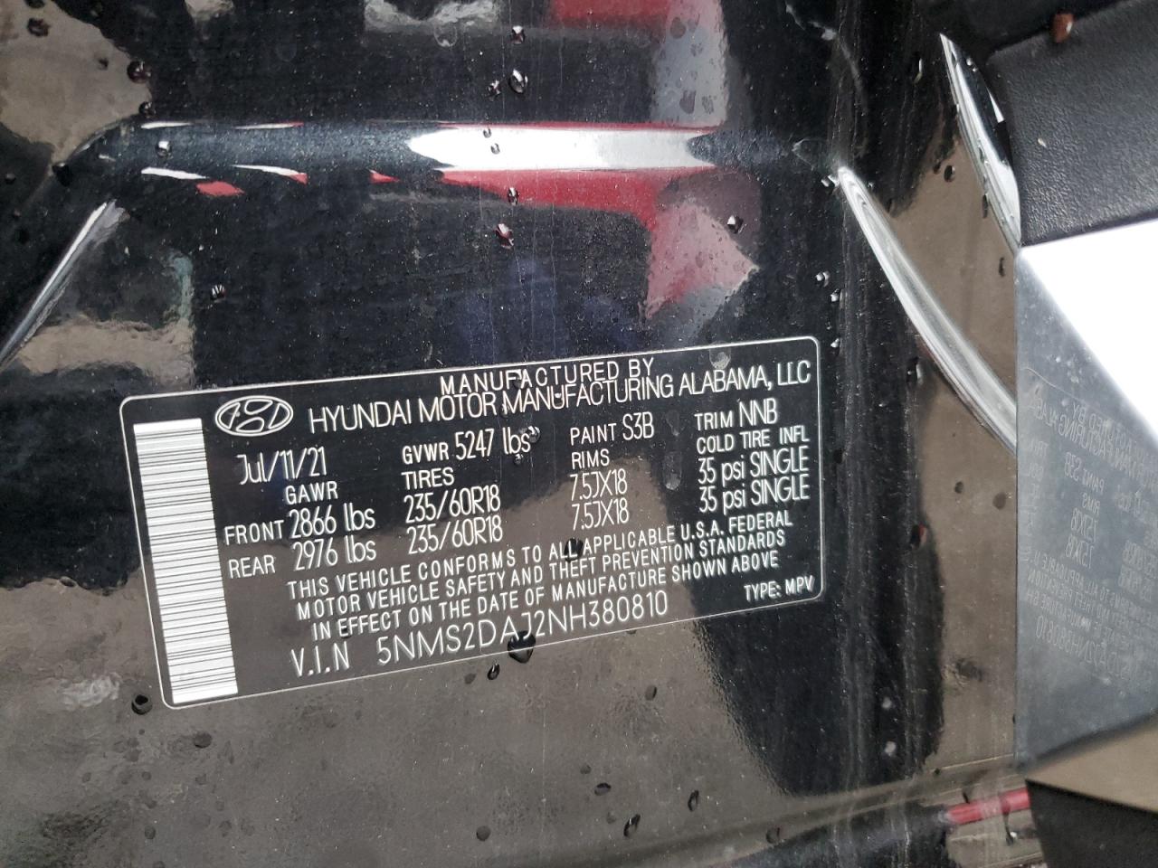 2022 HYUNDAI SANTA FE SEL VIN:5NMS2DAJ2NH380810