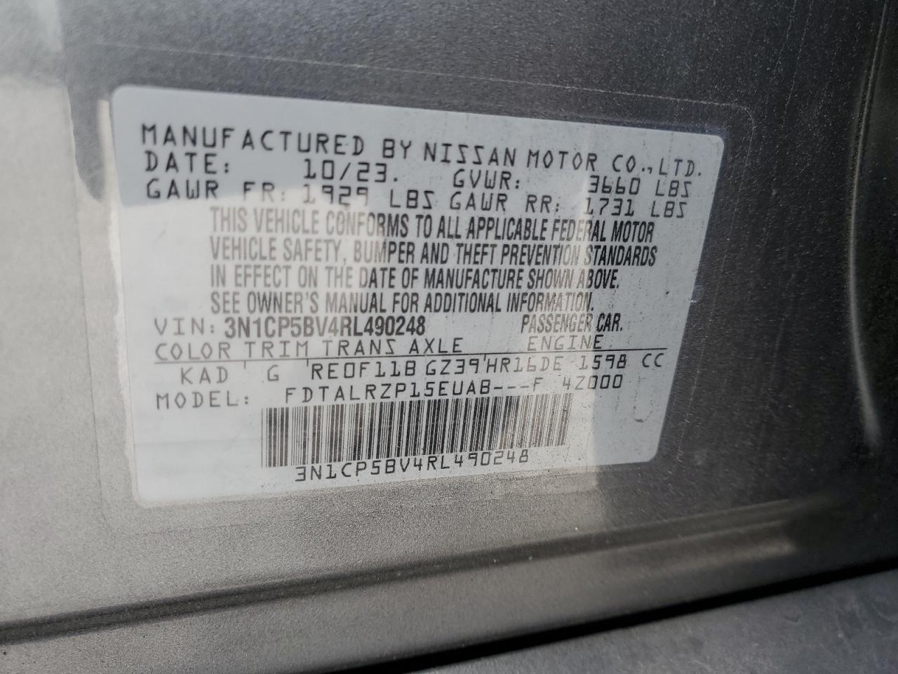 2024 NISSAN KICKS S VIN:3N1CP5BV4RL490248