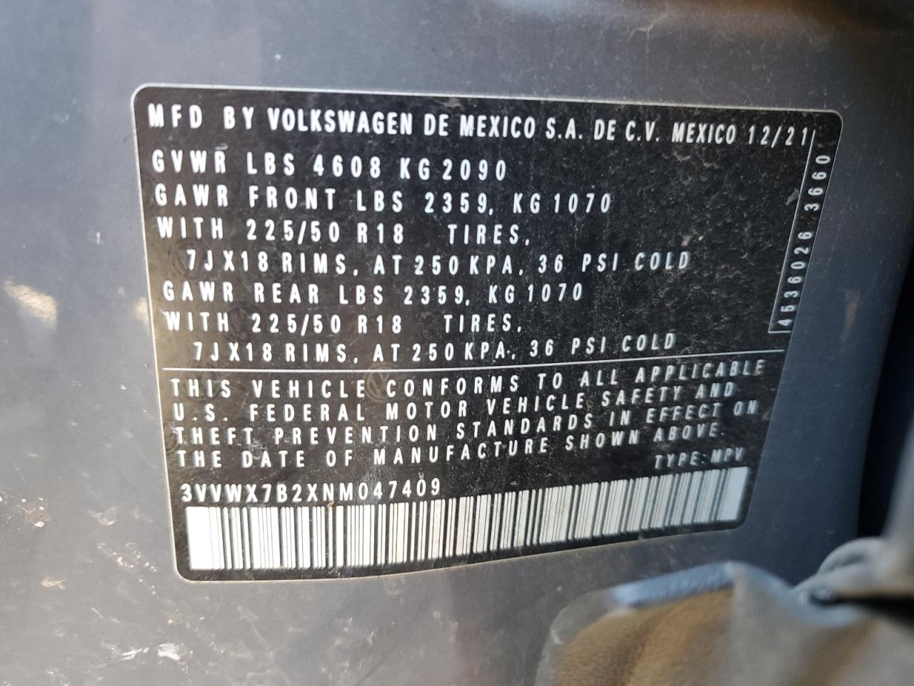 2022 VOLKSWAGEN TAOS SE VIN:3VVWX7B2XNM047409