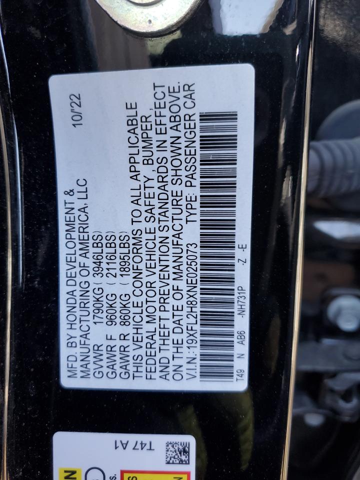 2022 HONDA CIVIC SPORT VIN:19XFL2H8XNE025073