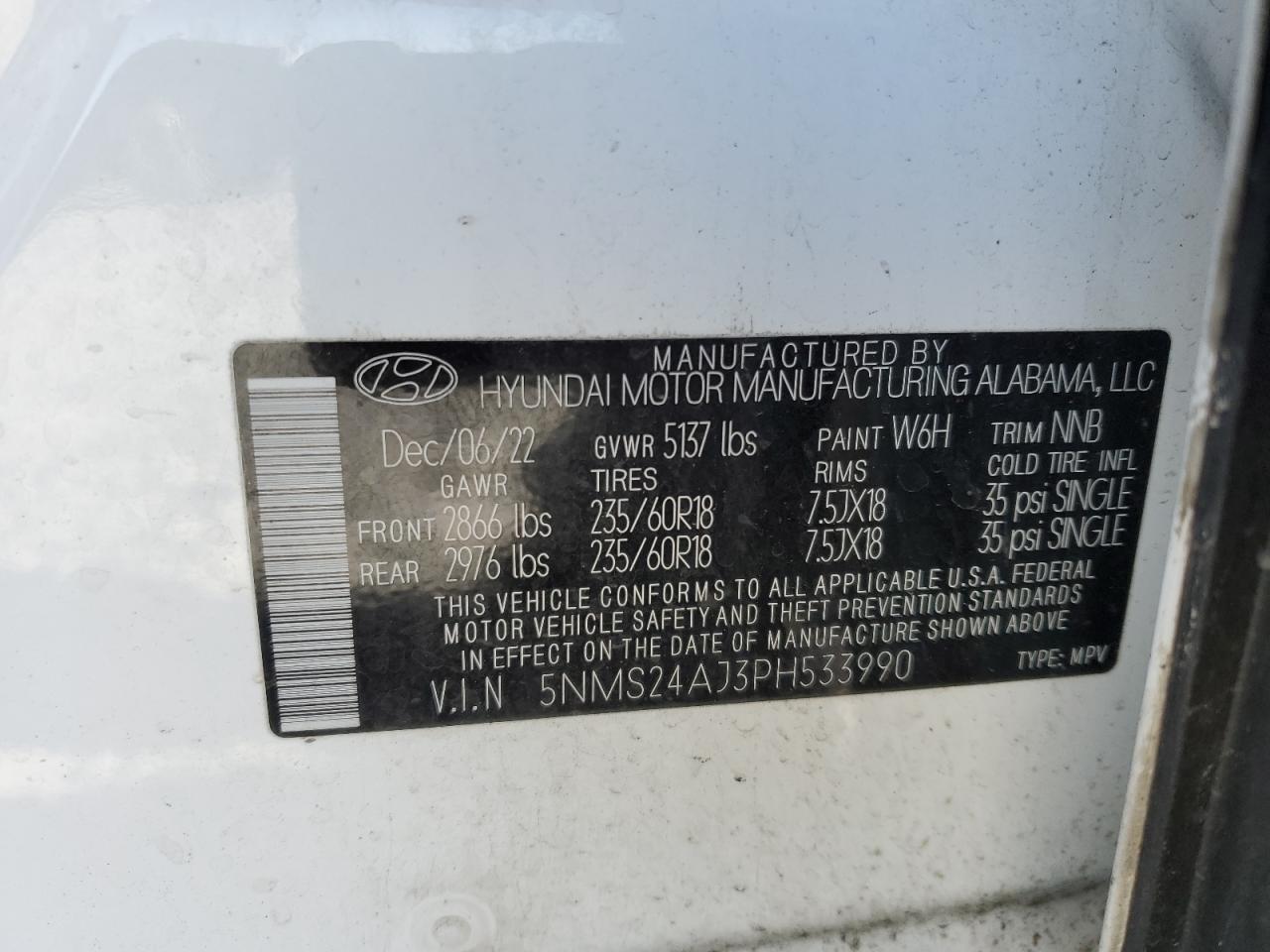 2023 HYUNDAI SANTA FE SEL VIN:5NMS24AJ3PH533990