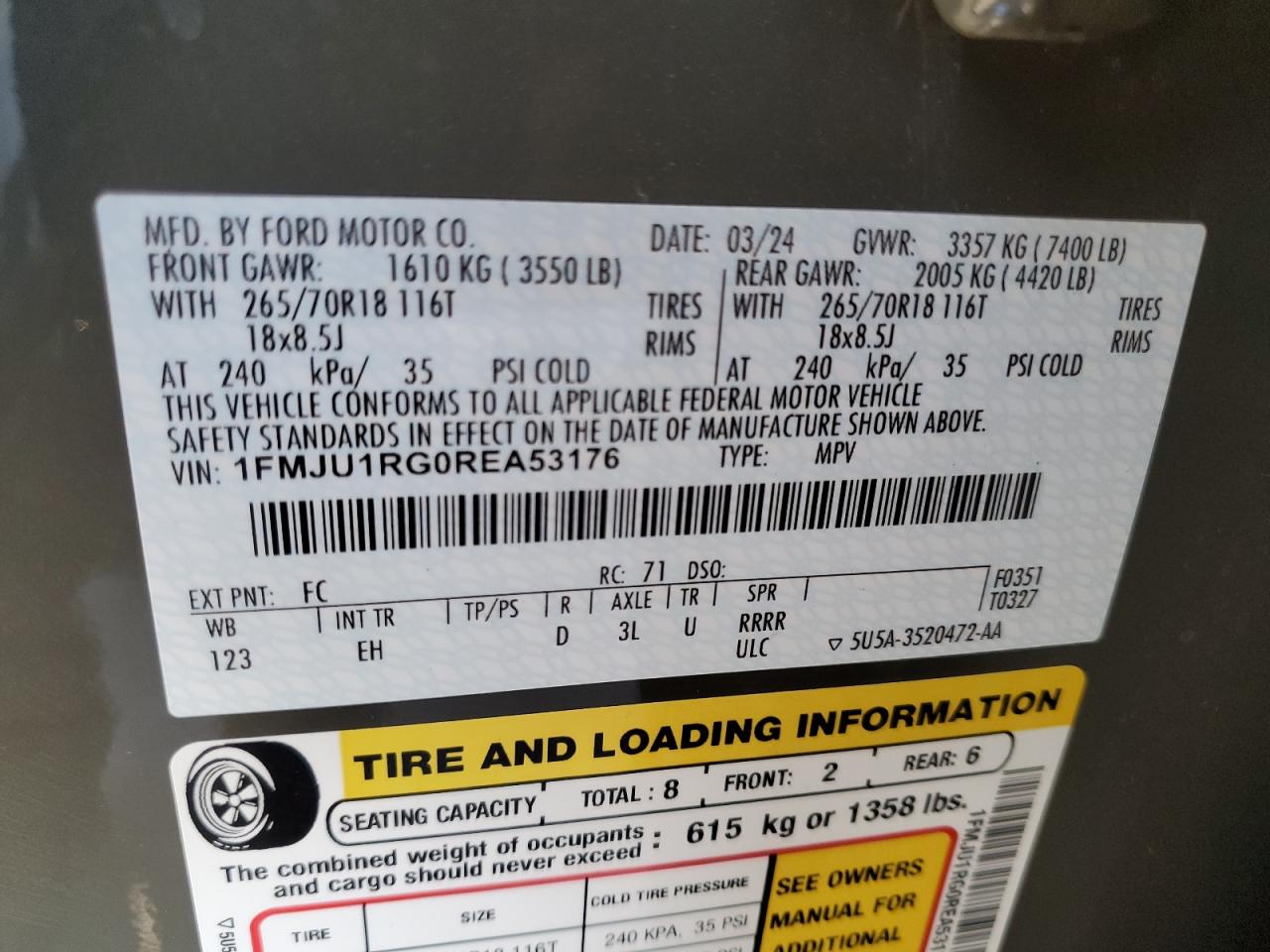 2024 FORD EXPEDITION TIMBERLINE VIN:1FMJU1RG0REA53176