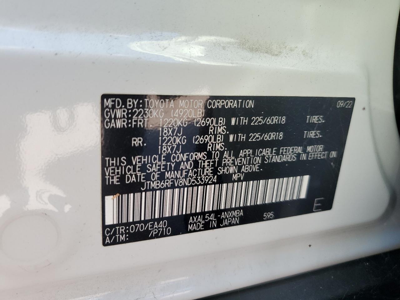 2022 TOYOTA RAV4 XLE PREMIUM VIN:JTMB6RFV8ND533924