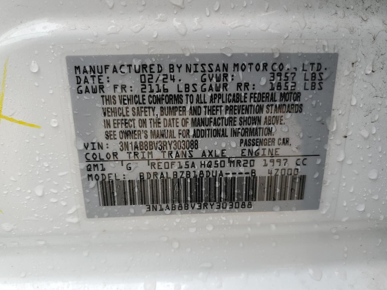 2024 NISSAN SENTRA S VIN:3N1AB8BV3RY303088