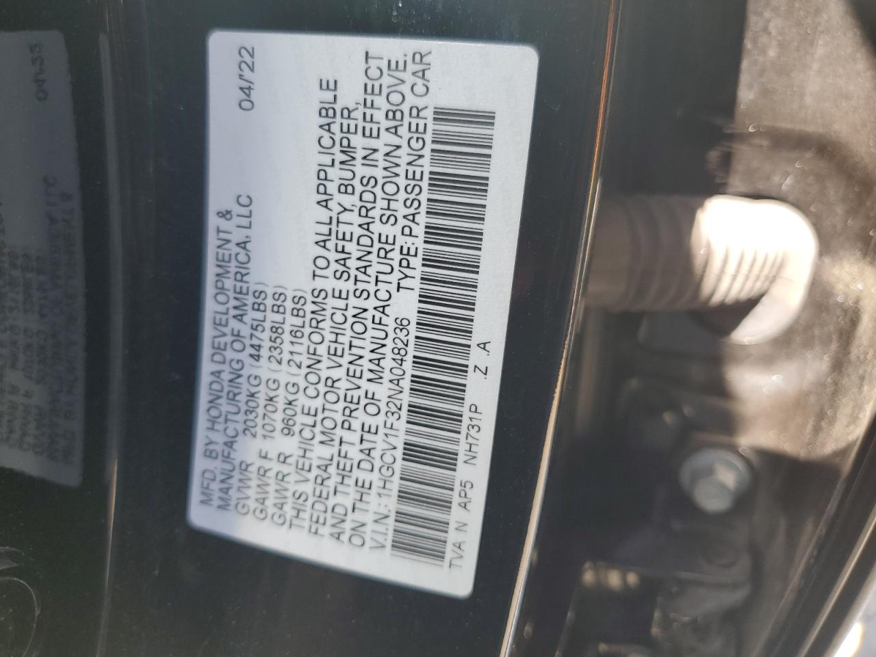 2022 HONDA ACCORD SPORT VIN:1HGCV1F32NA048236