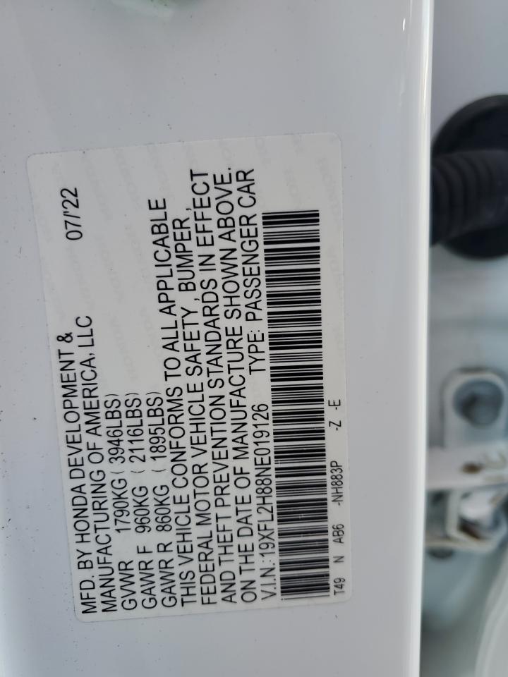 2022 HONDA CIVIC SPORT VIN:19XFL2H88NE019126