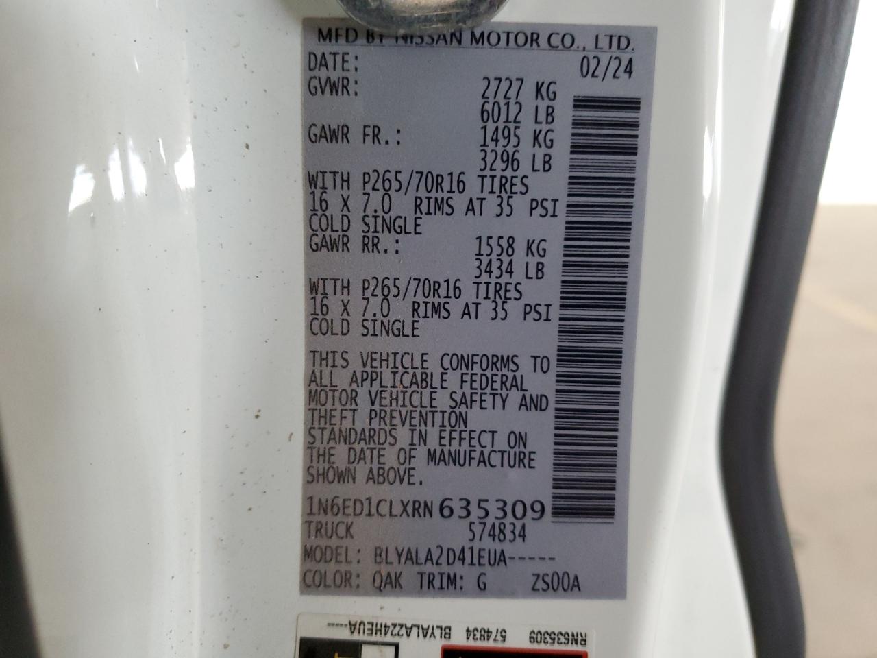 2024 NISSAN FRONTIER S VIN:1N6ED1CLXRN635309