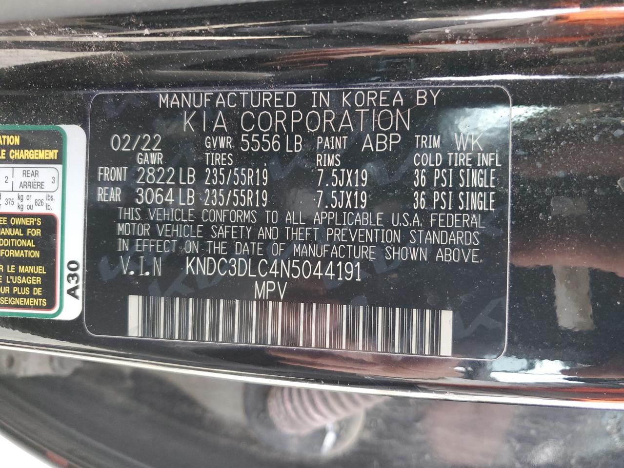 2022 KIA EV6 LIGHT VIN:KNDC3DLC4N5044191