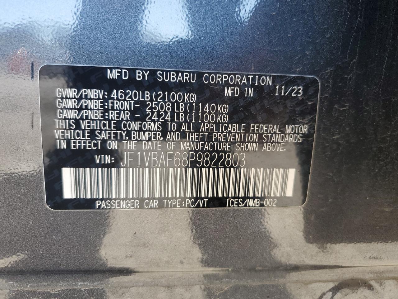 2023 SUBARU WRX PREMIUM VIN:JF1VBAF68P9822803