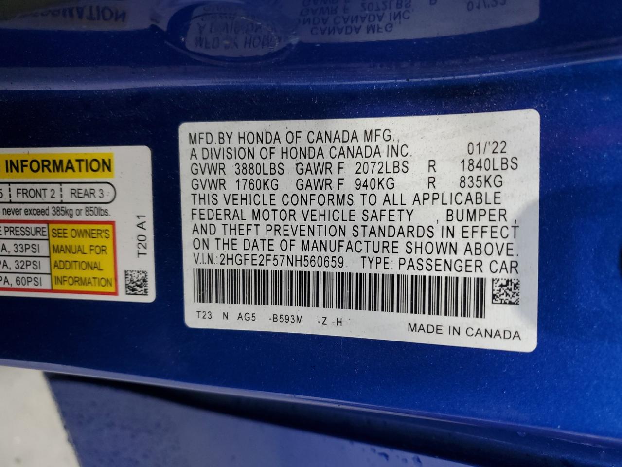 2022 HONDA CIVIC SPORT VIN:2HGFE2F57NH560659
