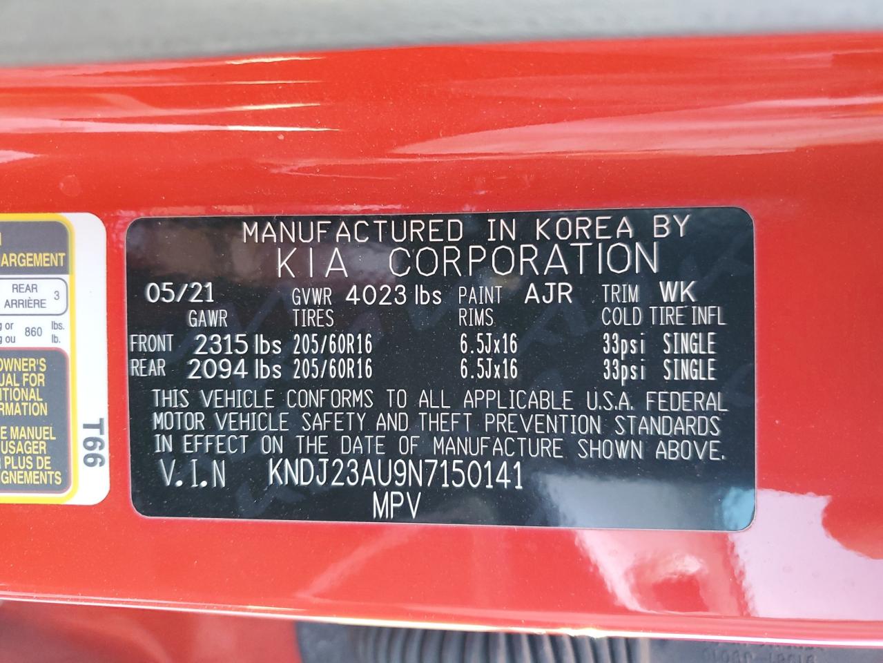 2022 KIA SOUL LX VIN:KNDJ23AU9N7150141