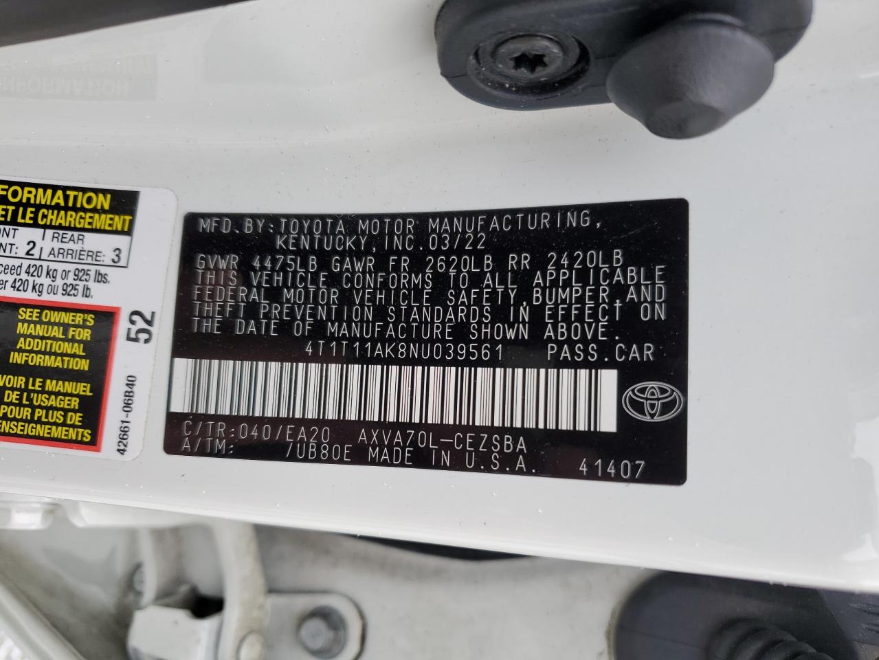 2022 TOYOTA CAMRY SE VIN:4T1T11AK8NU039561