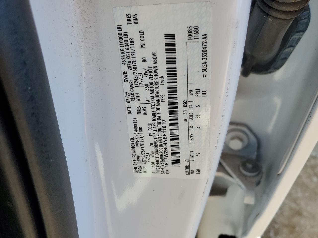 2022 FORD F250 SUPER DUTY VIN:1FT7W2B64NEF11019