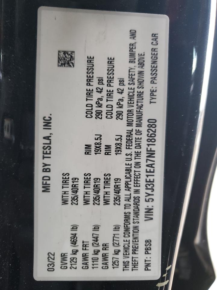 2022 TESLA MODEL 3  VIN:5YJ3E1EA7NF186280