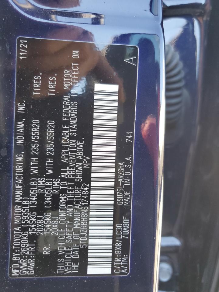 2022 TOYOTA HIGHLANDER XSE VIN:5TDJZRBH8NS174842