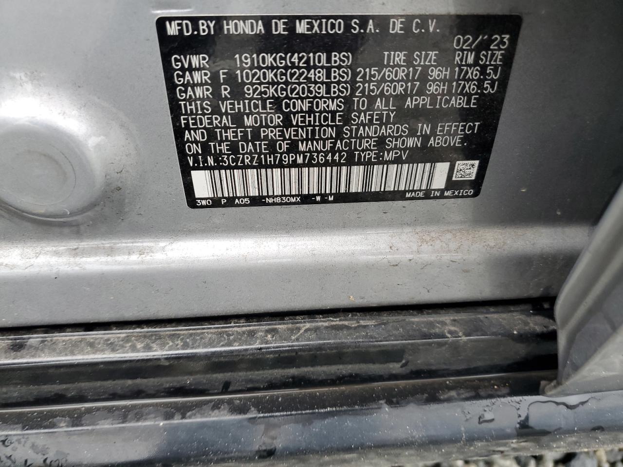 2023 HONDA HR-V EXL VIN:3CZRZ1H79PM736442