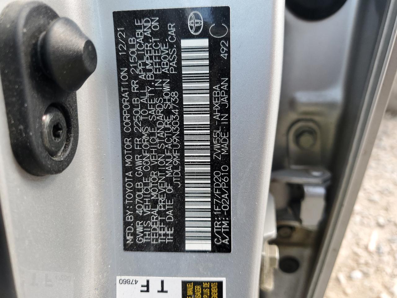 2022 TOYOTA PRIUS LE VIN:JTDL9MFU9N3034738