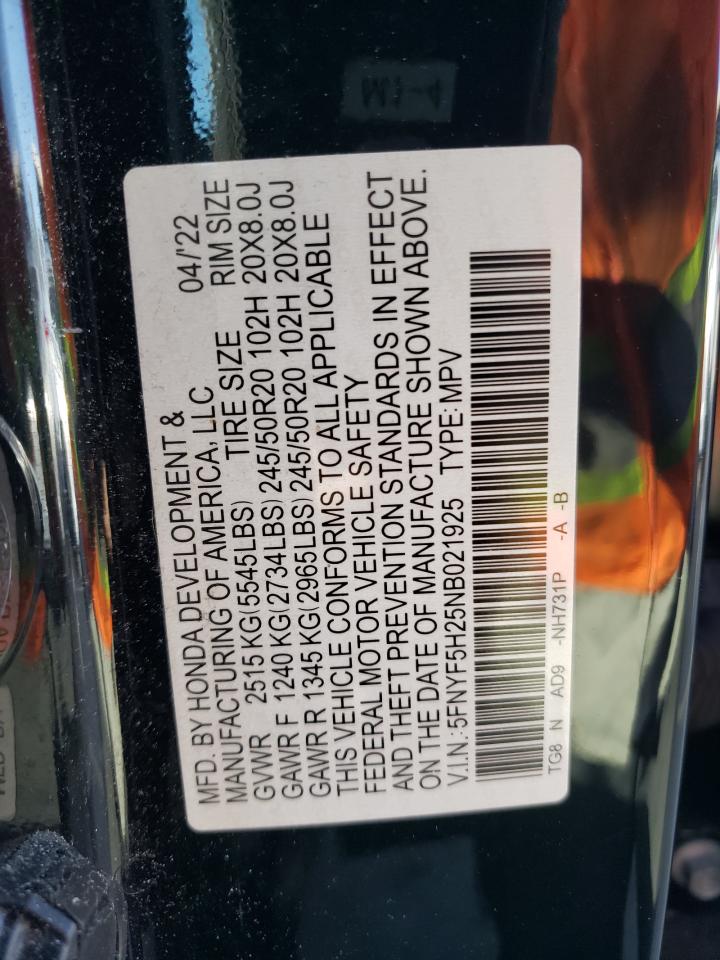 2022 HONDA PILOT SE VIN:5FNYF5H25NB021925
