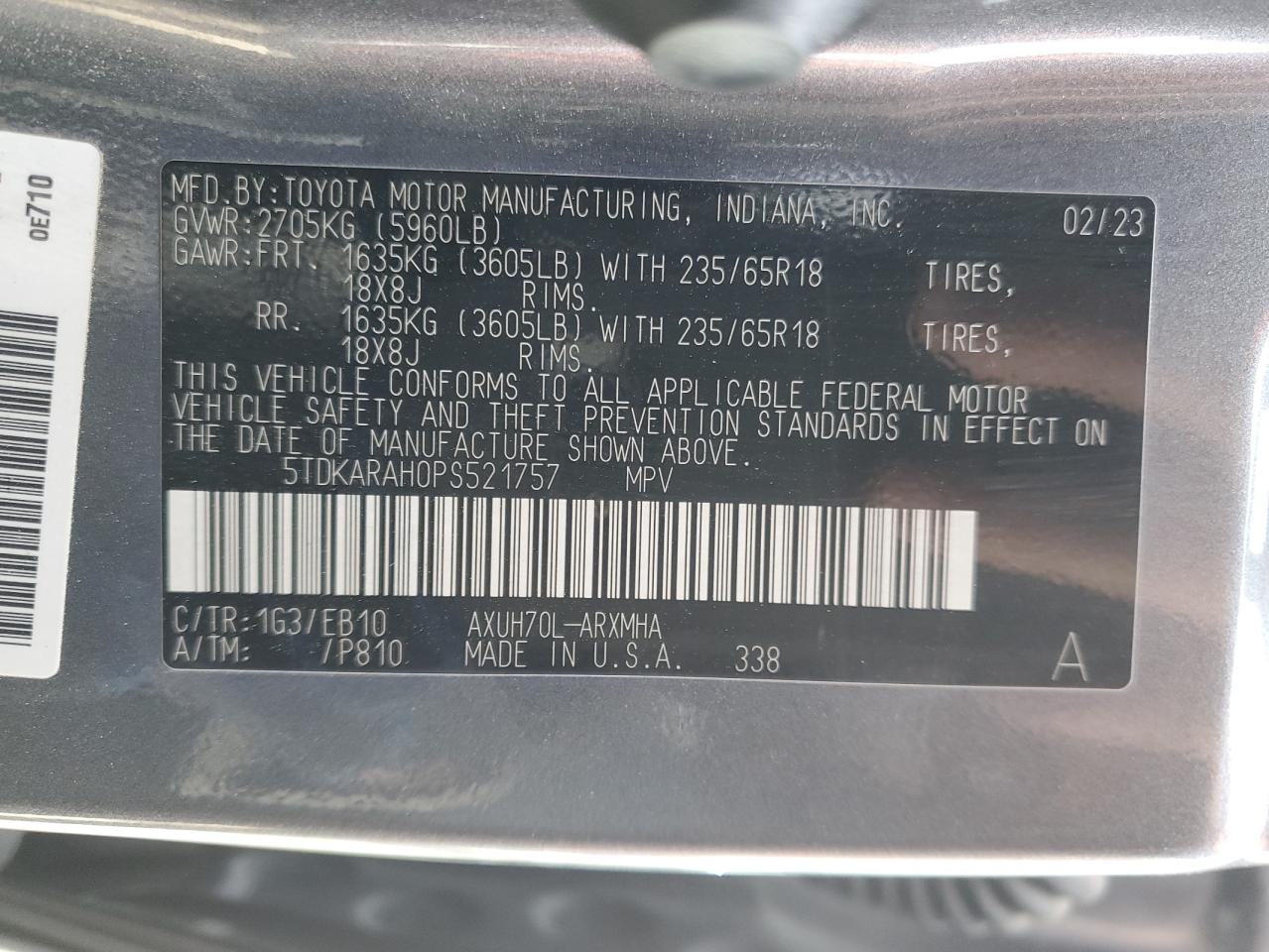 2023 TOYOTA HIGHLANDER HYBRID XLE VIN:1GKS2BKC7JR102323