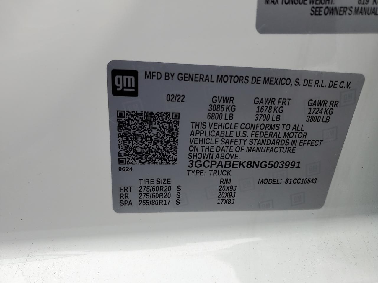 2022 CHEVROLET SILVERADO C1500 CUSTOM VIN:3GCPABEK8NG503991