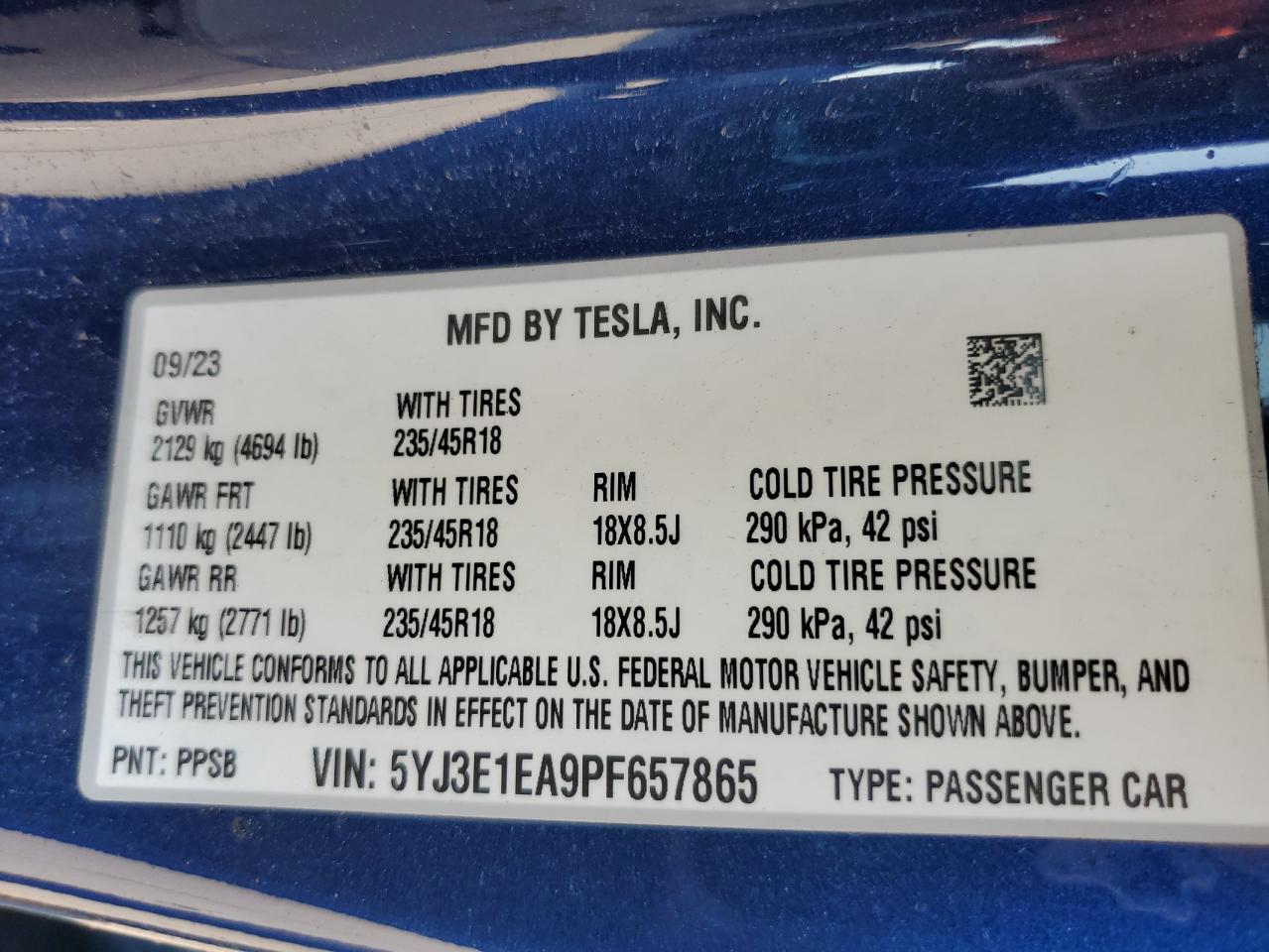 2023 TESLA MODEL 3  VIN:5YJ3E1EA9PF657865