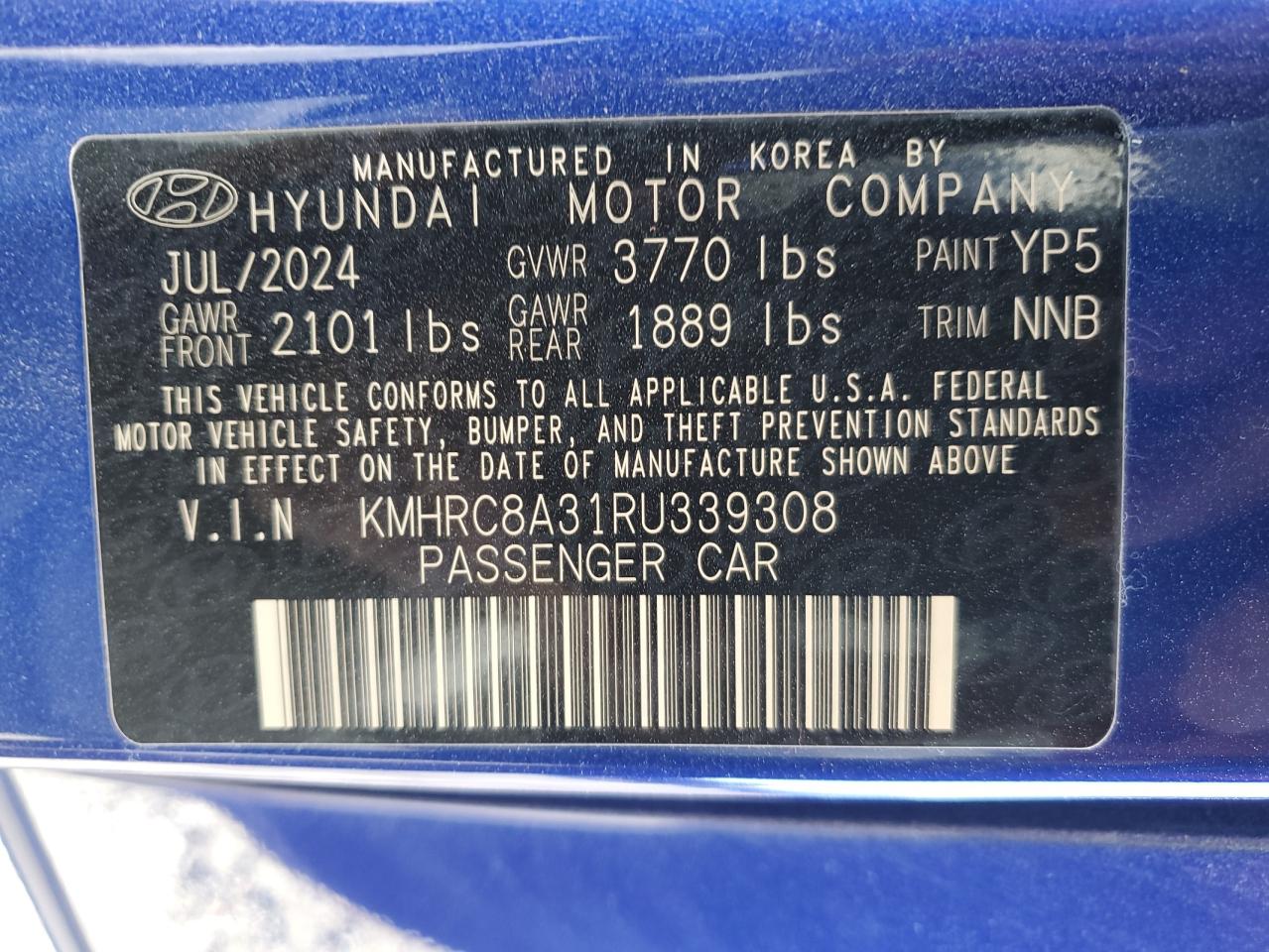 2024 HYUNDAI VENUE SEL VIN:KMHRC8A31RU339308