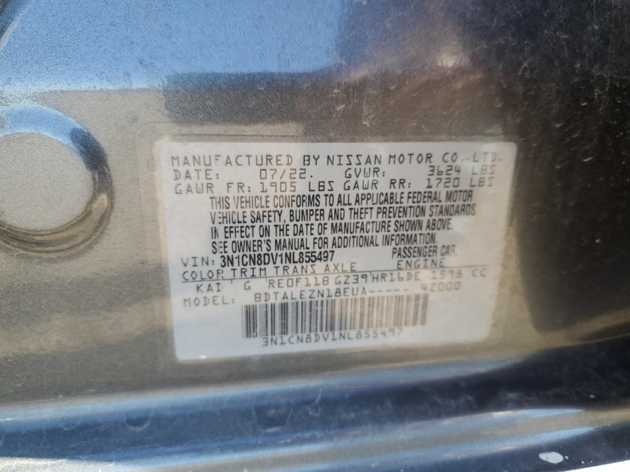 2022 NISSAN VERSA S VIN:3N1CN8DV1NL855497