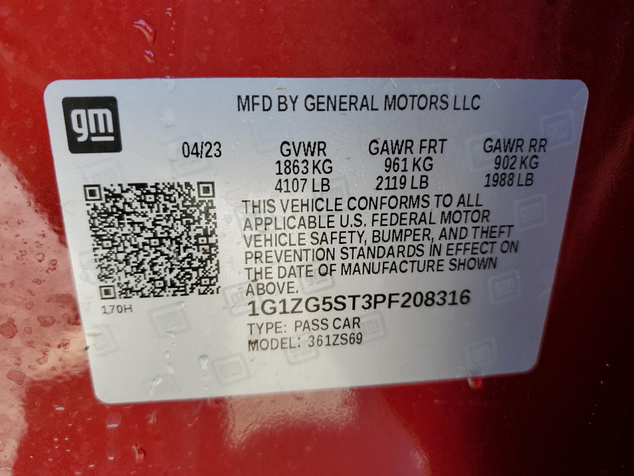 2023 CHEVROLET MALIBU RS VIN:1G1ZG5ST3PF208316