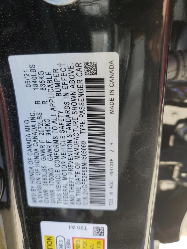 2022 HONDA CIVIC SPORT VIN:2HGFE2F58NH505069