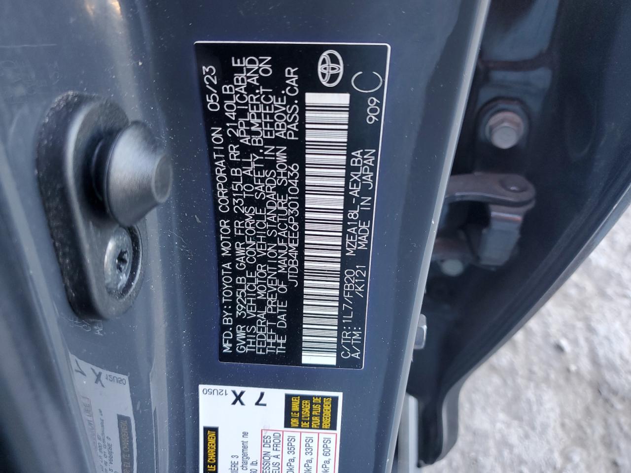 2023 TOYOTA COROLLA LE VIN:JTDB4MEE6P3010436
