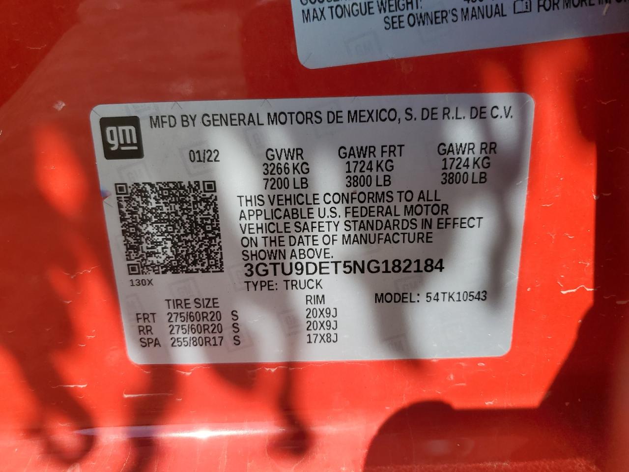 2022 GMC SIERRA LIMITED K1500 SLT VIN:3GTU9DET5NG182184