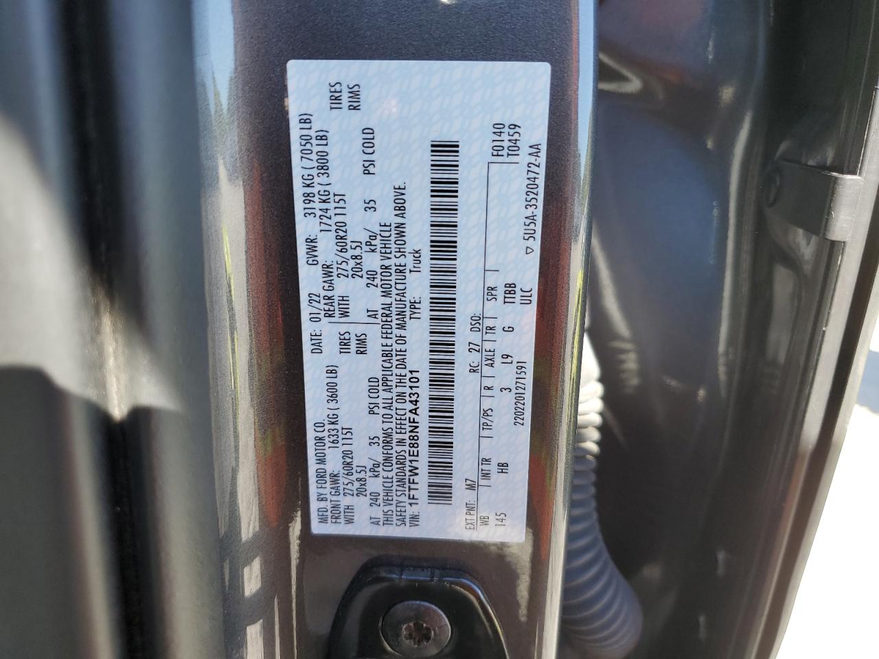 2022 FORD F150 SUPERCREW VIN:1FTFW1E88NFA43101