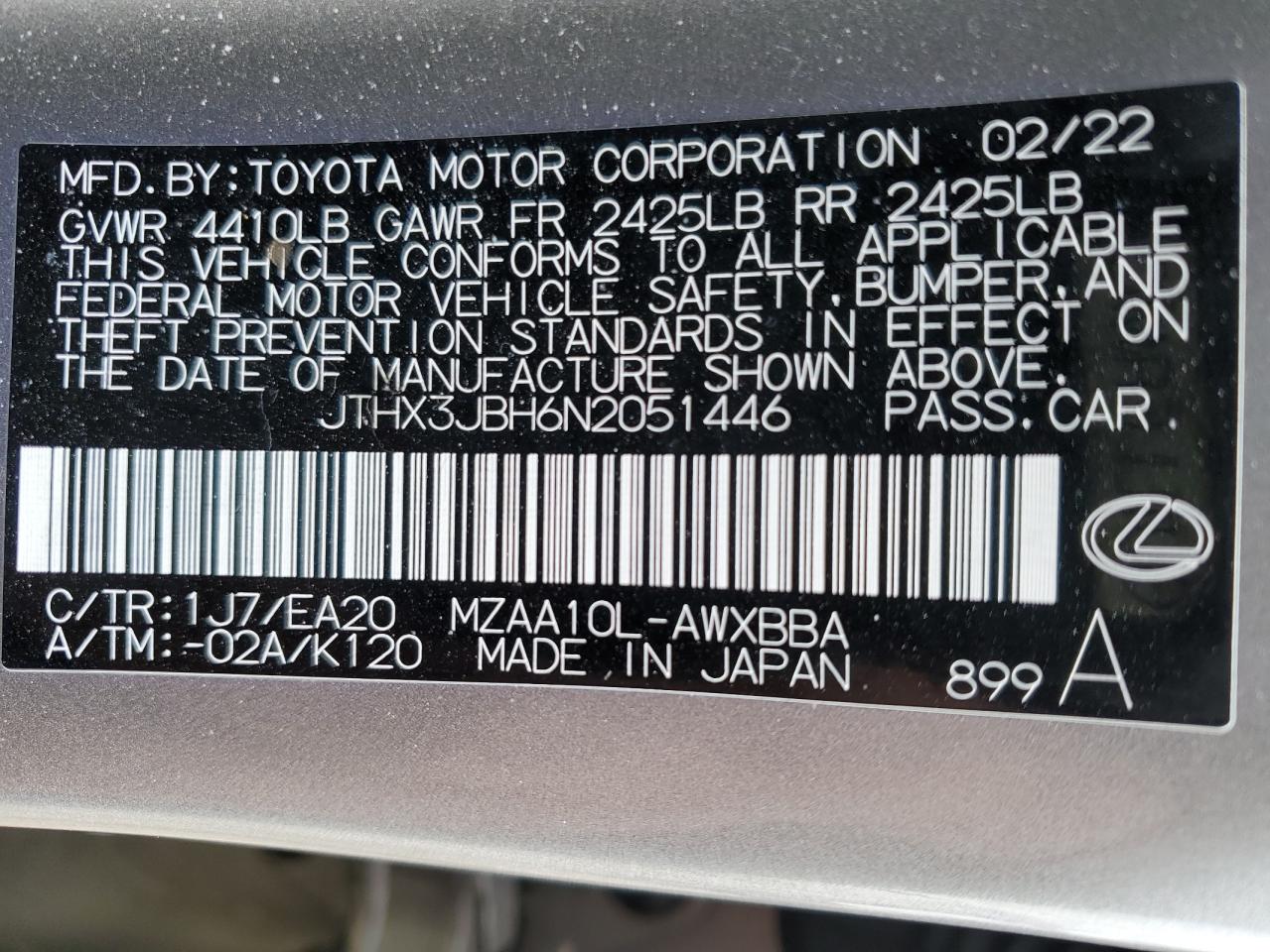 2022 LEXUS UX 200 BASE VIN:JTHX3JBH6N2051446