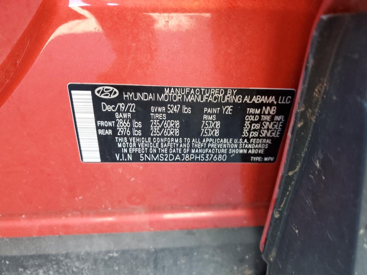 2023 HYUNDAI SANTA FE SEL VIN:5NMS2DAJ8PH537680