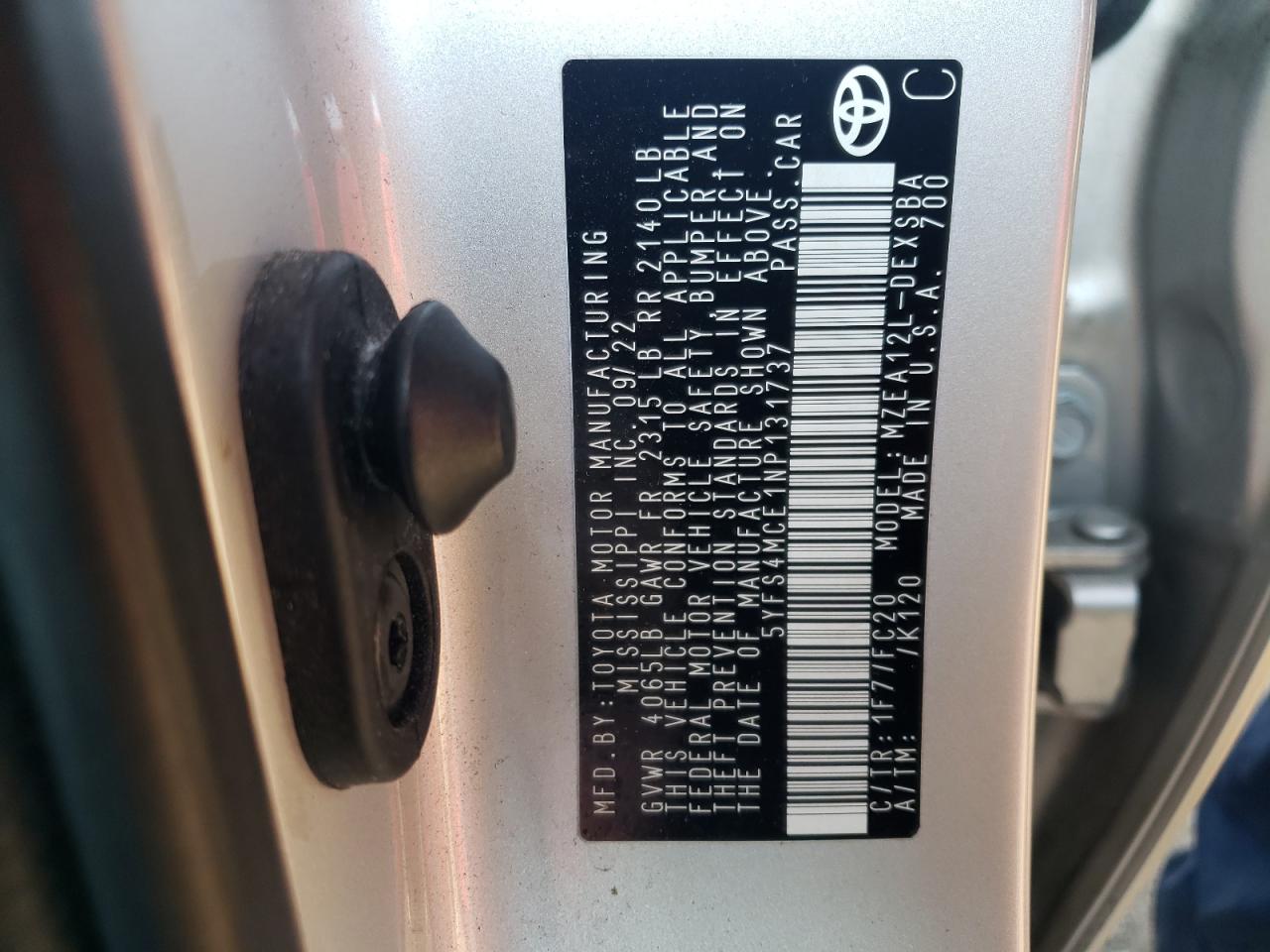 2022 TOYOTA COROLLA SE VIN:5YFS4MCE1NP131737