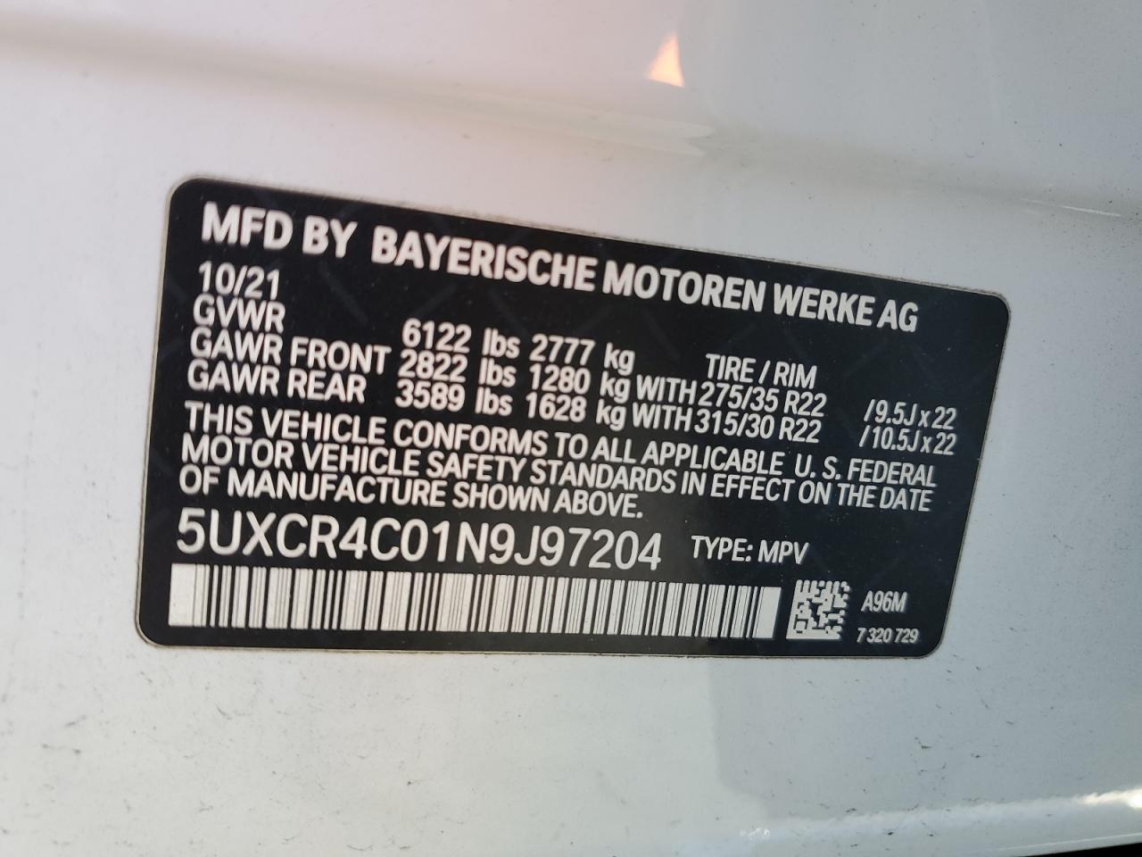 2022 BMW X5 SDRIVE 40I VIN:5UXCR4C01N9J97204