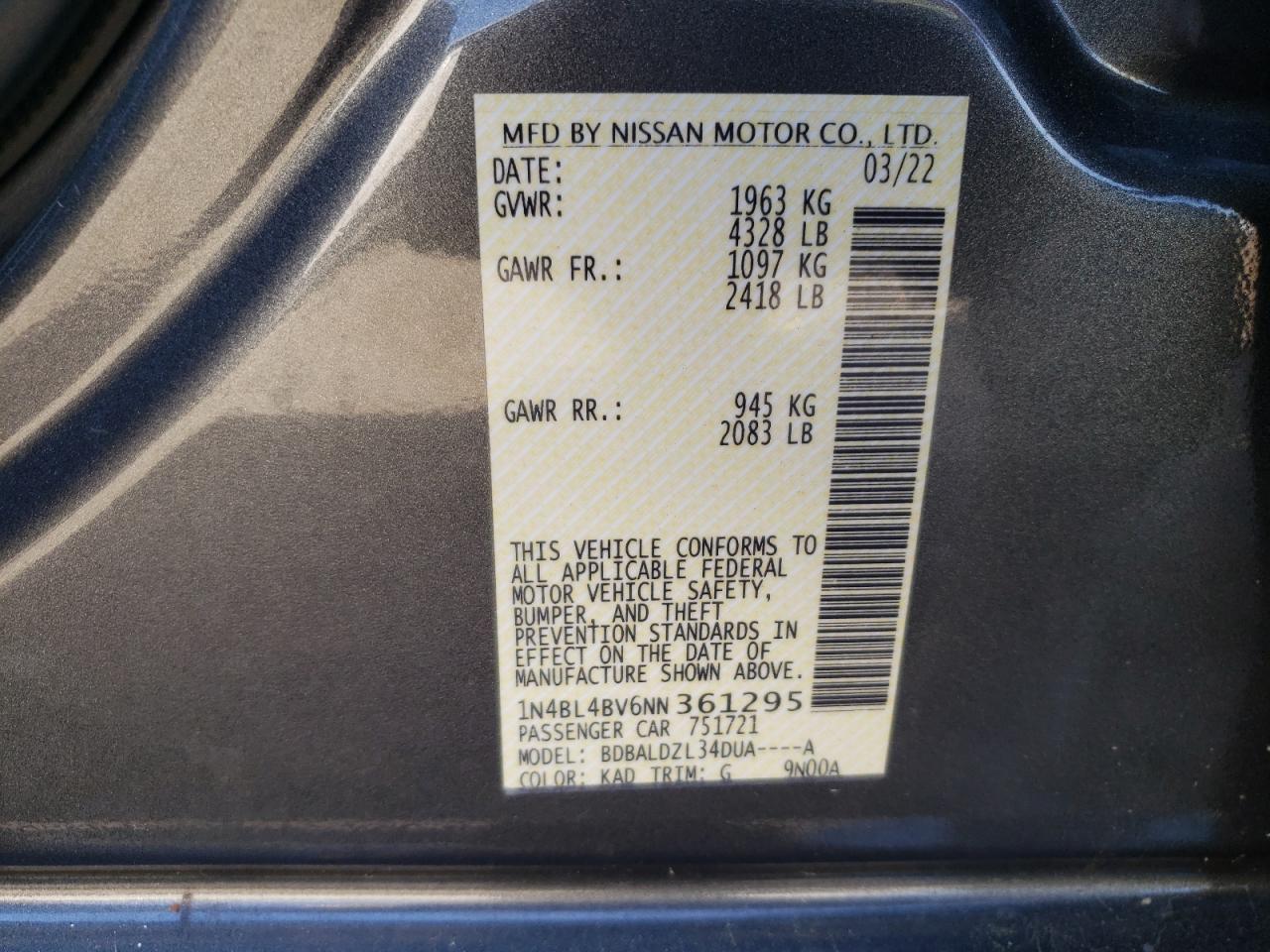 2022 NISSAN ALTIMA S VIN:1N4BL4BV6NN361295