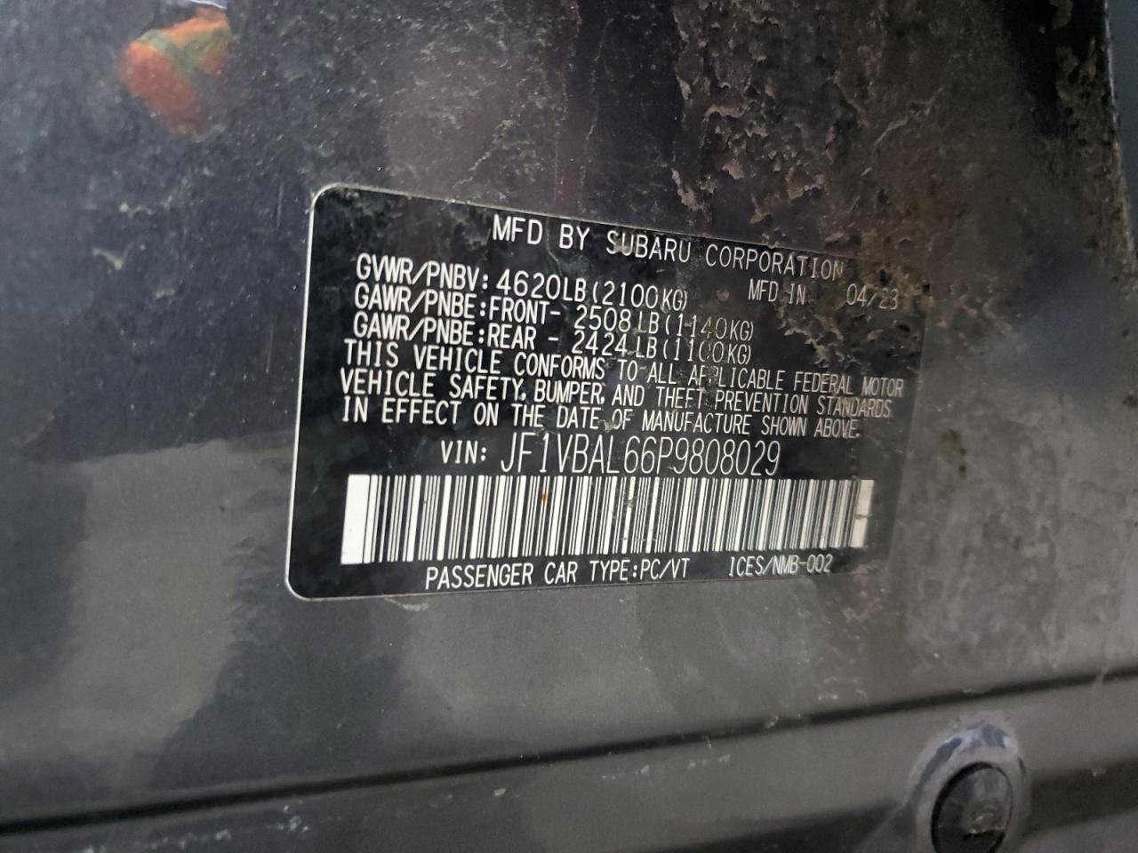 2023 SUBARU WRX LIMITED VIN:JF1VBAL66P9808029