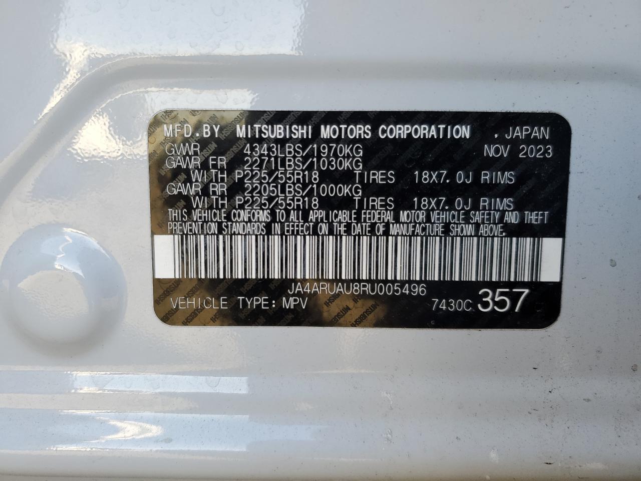 2024 MITSUBISHI OUTLANDER SPORT S/SE VIN:JA4ARUAU8RU005496