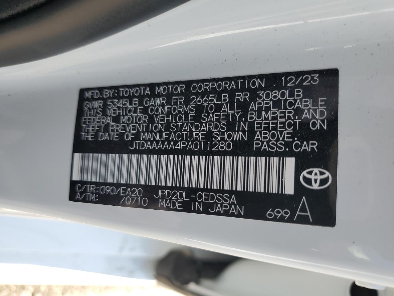 2023 TOYOTA MIRAI XLE VIN:WP0AA2A8XNS255297