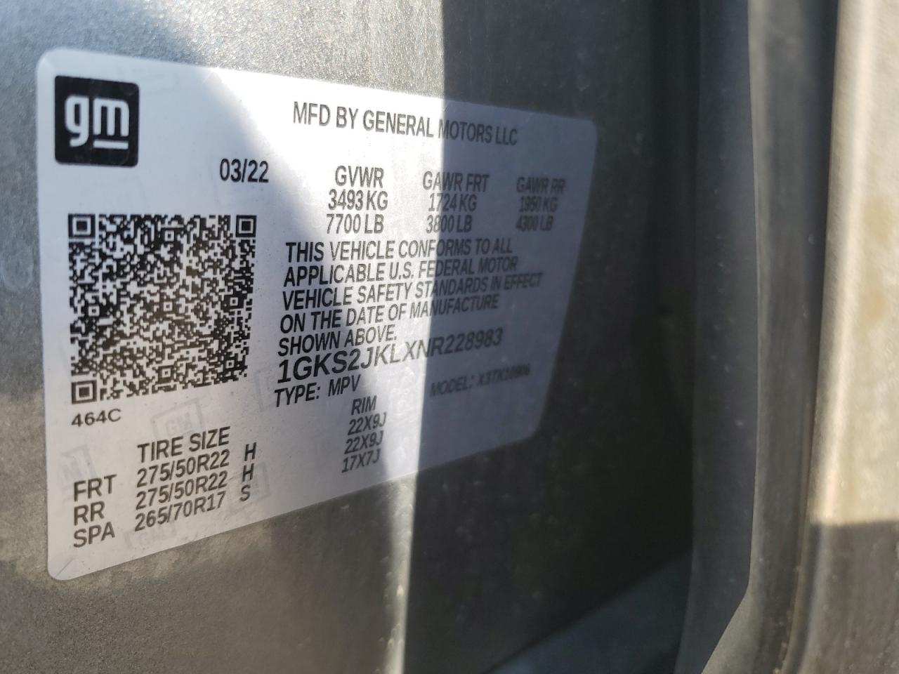 2022 GMC YUKON XL DENALI VIN:1GKS2JKLXNR228983