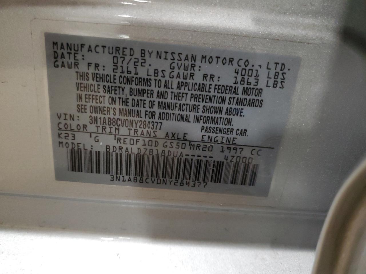 2022 NISSAN SENTRA SV VIN:3N1AB8CV0NY284377