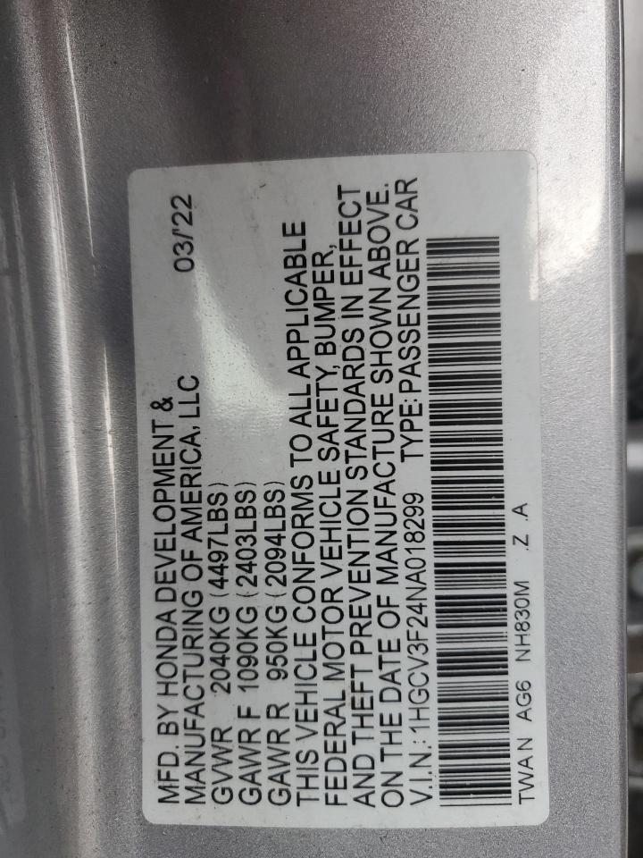 2022 HONDA ACCORD HYBRID SPORT VIN:1HGCV3F24NA018299