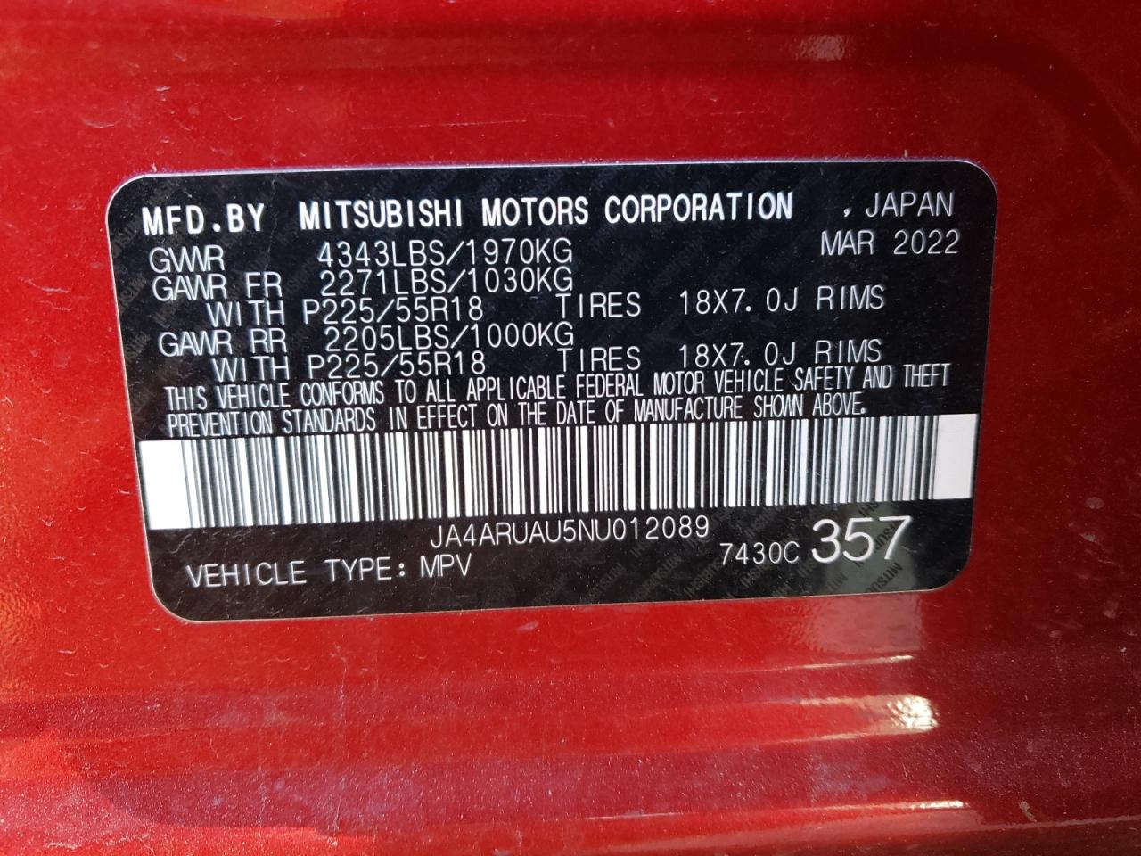 2022 MITSUBISHI OUTLANDER SPORT ES VIN:JA4ARUAU5NU012089