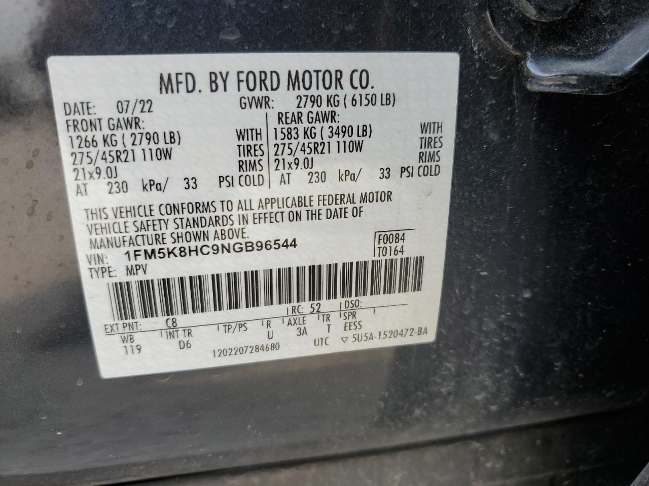 2022 FORD EXPLORER PLATINUM VIN:1FM5K8HC9NGB96544