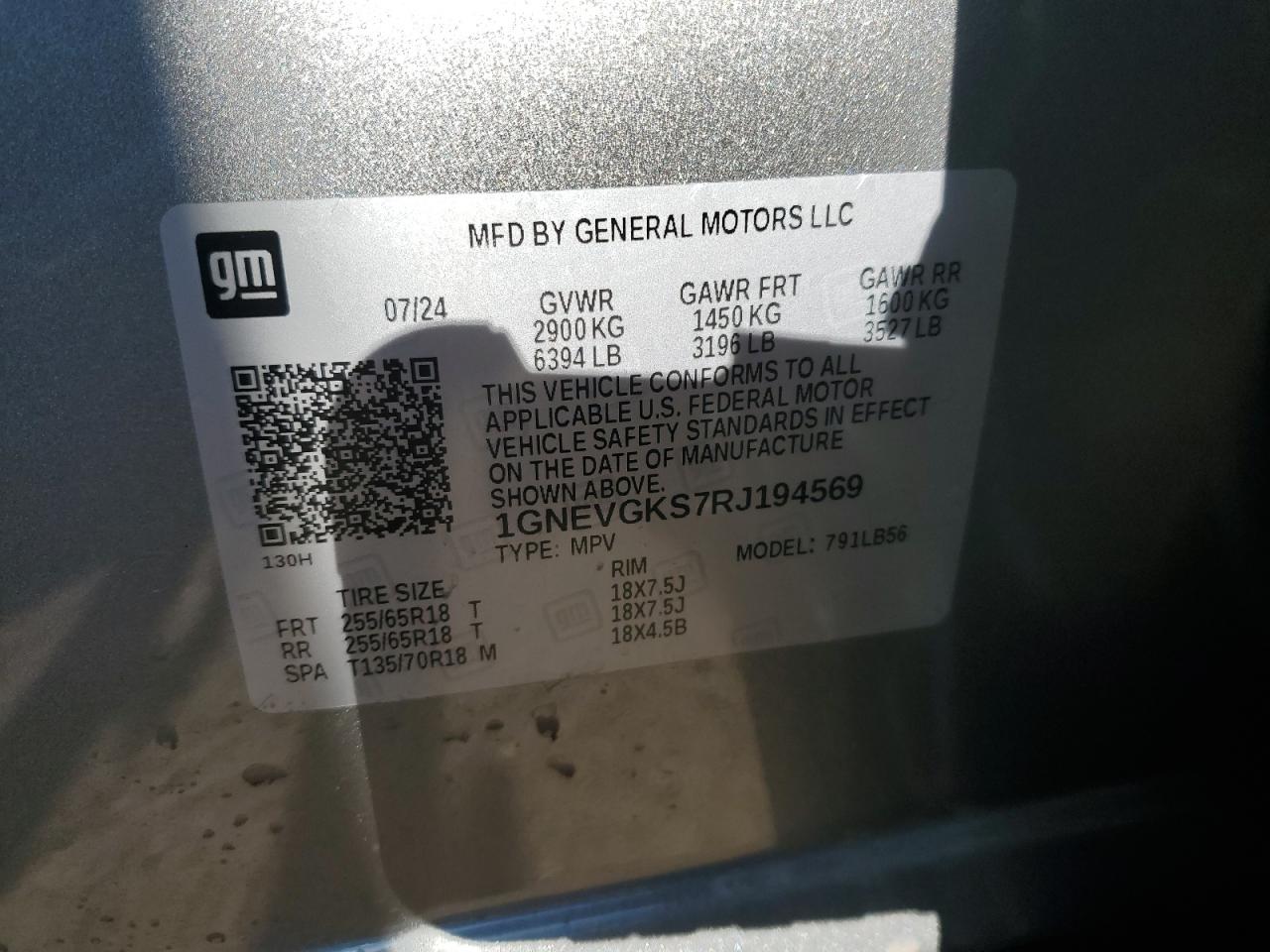 2024 CHEVROLET TRAVERSE LT VIN:1GNEVGKS7RJ194569